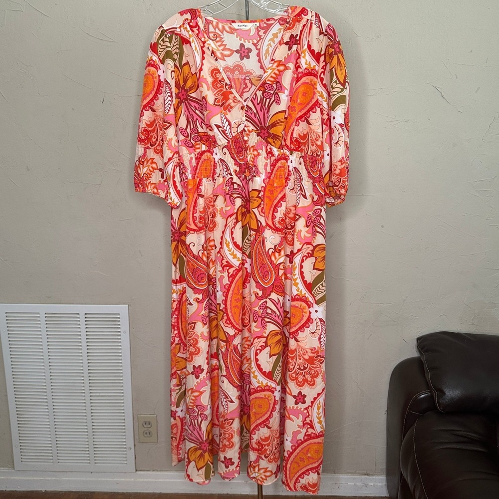 KorMei Pink Orange Floral Paisley Smocked Waist Boho Maxi Dress Womens XL V-Neck